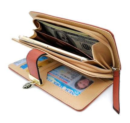 Women's Faux Leather Medium Snap Button Wallet (Brown)