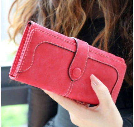 Women's Faux Leather Medium Snap Button Wallet (Red)