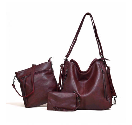 Women's PU Leather Medium Shoulder Zipper Handbag (Wine red)
