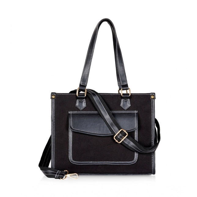 Women's Canvas Medium Top handle Satchel Zipper Handbag (Black)