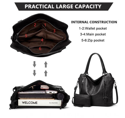 Women's PU Leather Large Shoulder Zipper Handbag (Black)