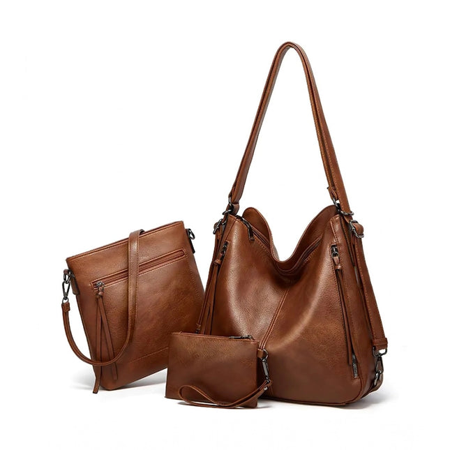 Women's PU Leather Medium Shoulder Zipper Handbag (Brown)