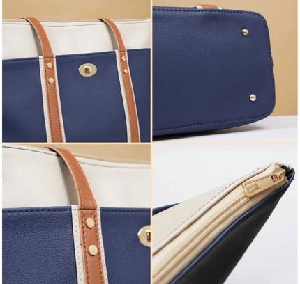 Women's Faux Leather Large Shoulder Zipper Handbag (Dark Blue)