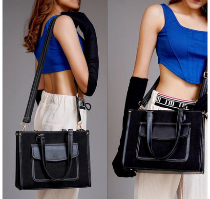 Women's Canvas Medium Top handle Satchel Zipper Handbag (Black)