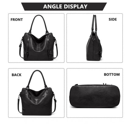 Women's PU Leather Large Shoulder Zipper Handbag (Black)