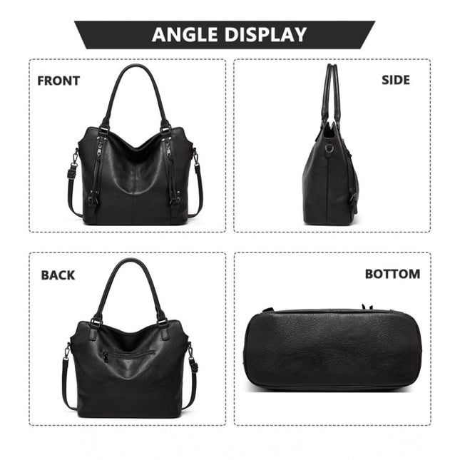 Women's PU Leather Large Shoulder Zipper Handbag (Black)