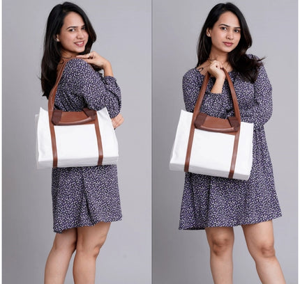 Women's Canvas Medium Top handle Satchel Zipper Handbag (White)