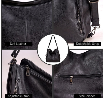 Women's PU Leather Medium Shoulder Zipper Handbag (Black)