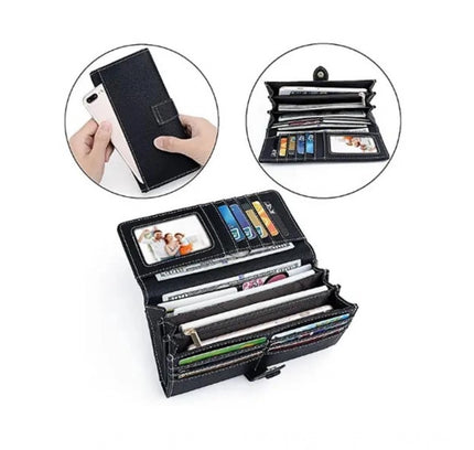 Women's Faux Leather Medium Snap Button Wallet (Black)