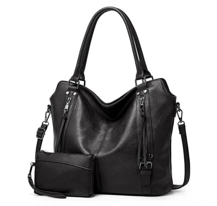 Women's PU Leather Large Shoulder Zipper Handbag (Black)