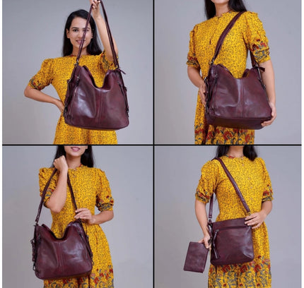 Women's PU Leather Medium Shoulder Zipper Handbag (Wine red)