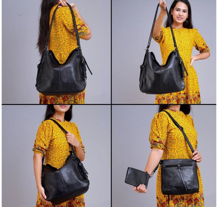 Women's PU Leather Medium Shoulder Zipper Handbag (Black)