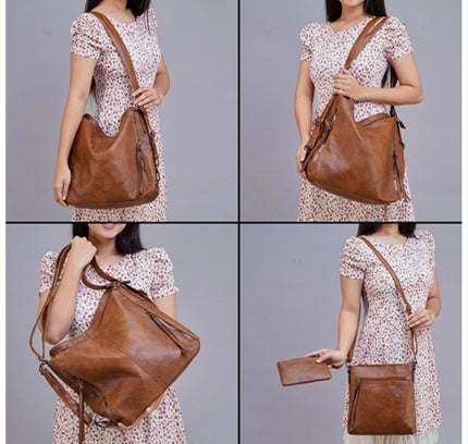 Women's PU Leather Medium Shoulder Zipper Handbag (Brown)