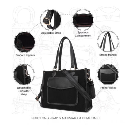 Women's Canvas Medium Top handle Satchel Zipper Handbag (Black)