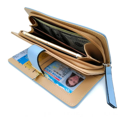 Women's Faux Leather Medium Snap Button Wallet (Blue)