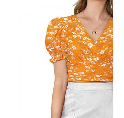 Women's Knitting Printed V-Neck Puff Sleeve Tops (Yellow)