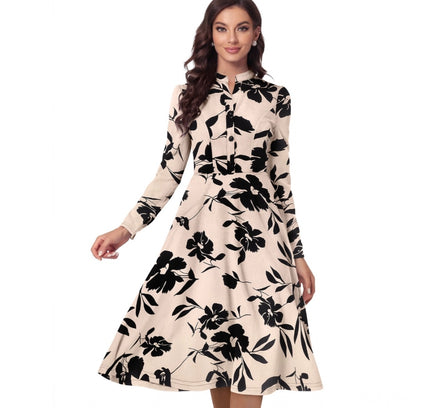 Women's Knitting Printed V-Neck Full Sleeve Dress (Cream)