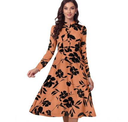 Women's Knitting Printed V-Neck Full Sleeve Dress (Orange)