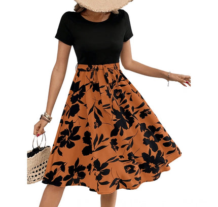 Women's Knitting Printed Round Neck Short Sleeve Dress (Orange)