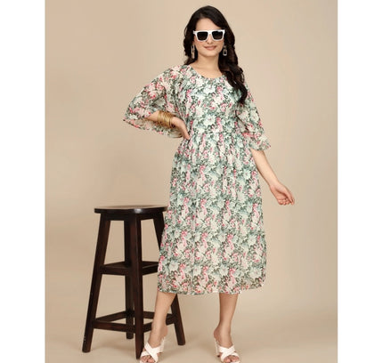 Women's Georgette Printed Round Neck Short Sleeve Dress (Pink)