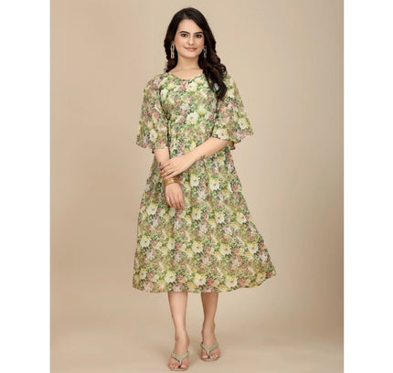Women's Georgette Printed Round Neck Short Sleeve Dress (Green)