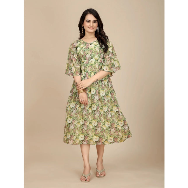 Women's Georgette Printed Round Neck Short Sleeve Dress (Green)