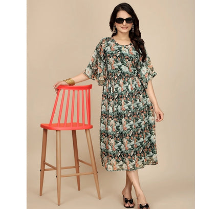 Women's Georgette Printed Round Neck Short Sleeve Dress (Black)