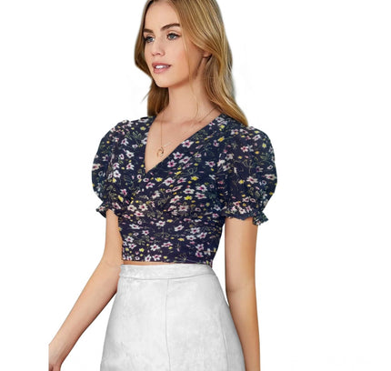 Women's Knitting Printed V-Neck Puff Sleeve Tops (Navy Blue)