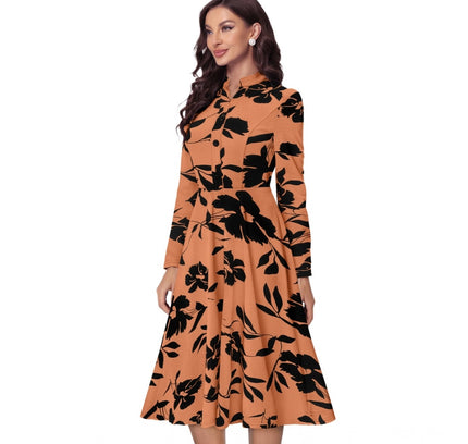 Women's Knitting Printed V-Neck Full Sleeve Dress (Orange)