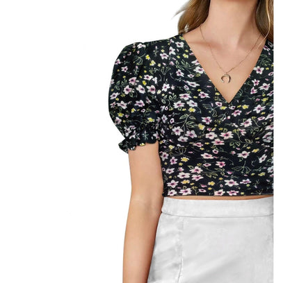 Women's Knitting Printed V-Neck Puff Sleeve Tops (Black)