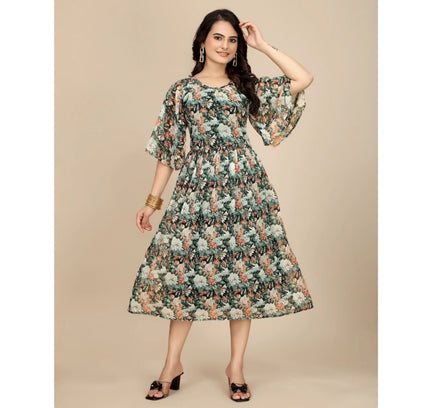 Women's Georgette Printed Round Neck Short Sleeve Dress (Black)