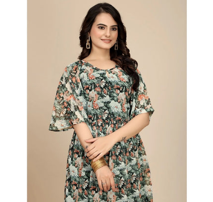 Women's Georgette Printed Round Neck Short Sleeve Dress (Black)