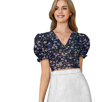 Women's Knitting Printed V-Neck Puff Sleeve Tops (Navy Blue)