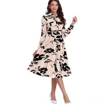 Women's Knitting Printed V-Neck Full Sleeve Dress (Cream)