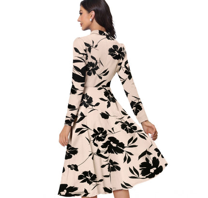 Women's Knitting Printed V-Neck Full Sleeve Dress (Cream)