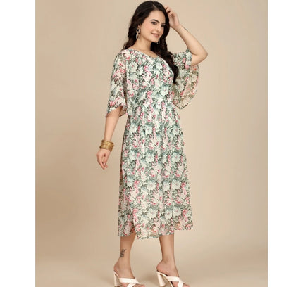 Women's Georgette Printed Round Neck Short Sleeve Dress (Pink)