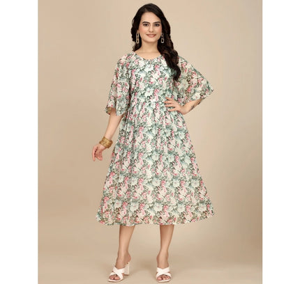 Women's Georgette Printed Round Neck Short Sleeve Dress (Pink)