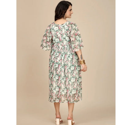 Women's Georgette Printed Round Neck Short Sleeve Dress (Pink)