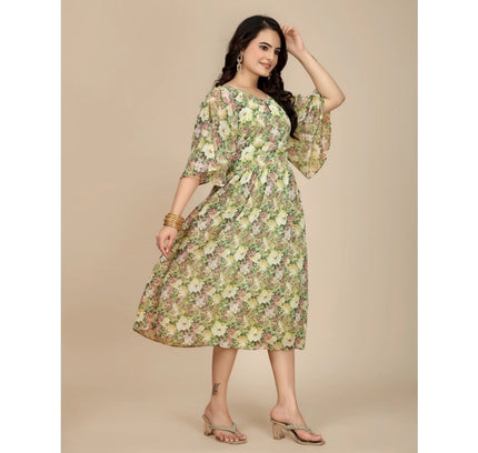Women's Georgette Printed Round Neck Short Sleeve Dress (Green)