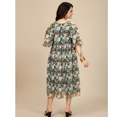 Women's Georgette Printed Round Neck Short Sleeve Dress (Black)