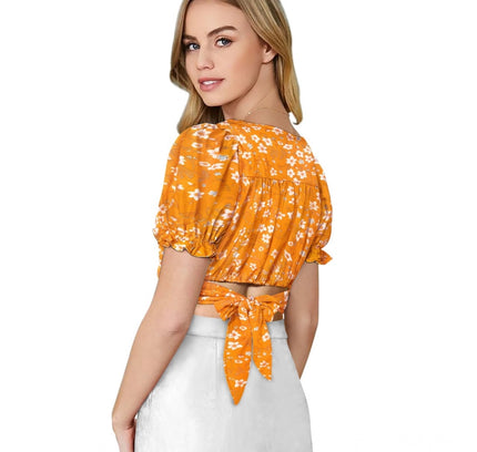 Women's Knitting Printed V-Neck Puff Sleeve Tops (Yellow)