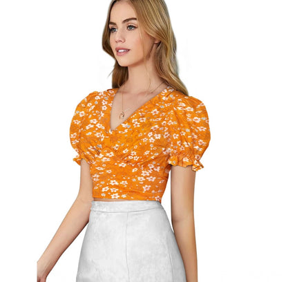 Women's Knitting Printed V-Neck Puff Sleeve Tops (Yellow)