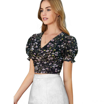 Women's Knitting Printed V-Neck Puff Sleeve Tops (Black)