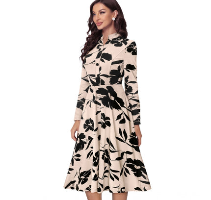 Women's Knitting Printed V-Neck Full Sleeve Dress (Cream)