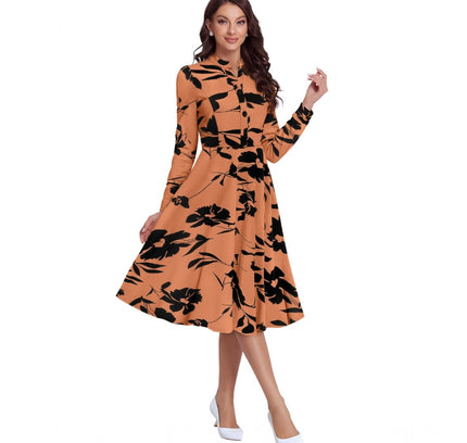 Women's Knitting Printed V-Neck Full Sleeve Dress (Orange)