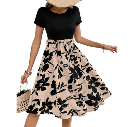 Women's Knitting Printed Round Neck Short Sleeve Dress (Cream)