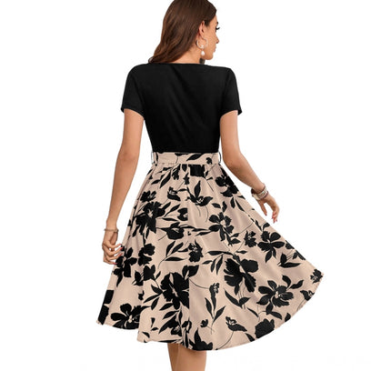 Women's Knitting Printed Round Neck Short Sleeve Dress (Cream)