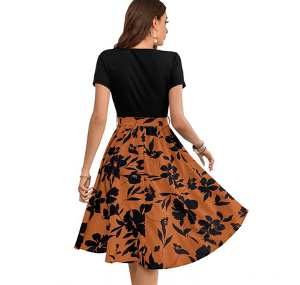 Women's Knitting Printed Round Neck Short Sleeve Dress (Orange)