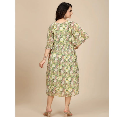Women's Georgette Printed Round Neck Short Sleeve Dress (Green)