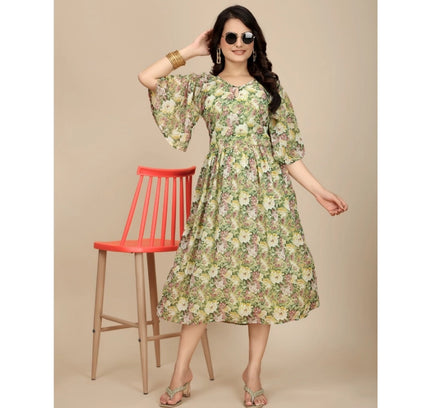 Women's Georgette Printed Round Neck Short Sleeve Dress (Green)
